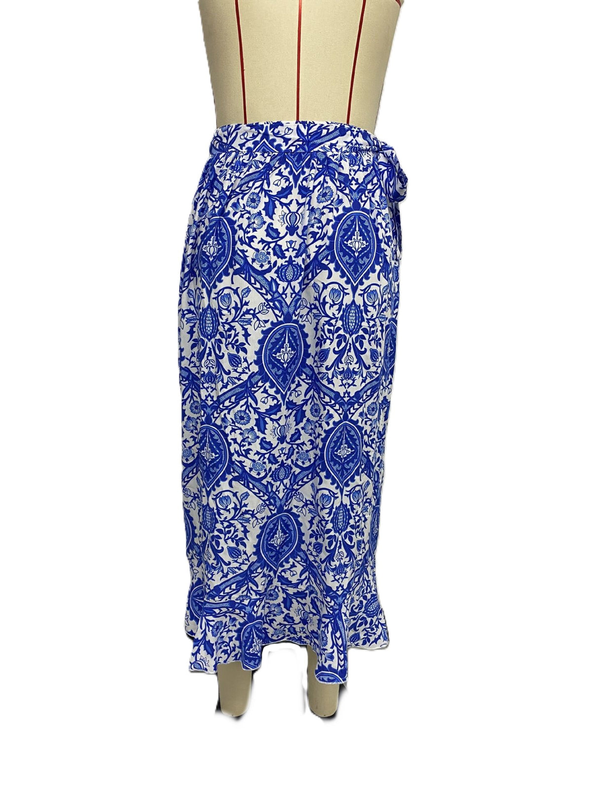 Paisley Print Ruffle Wrap Maxi Skirt - Blue - 1