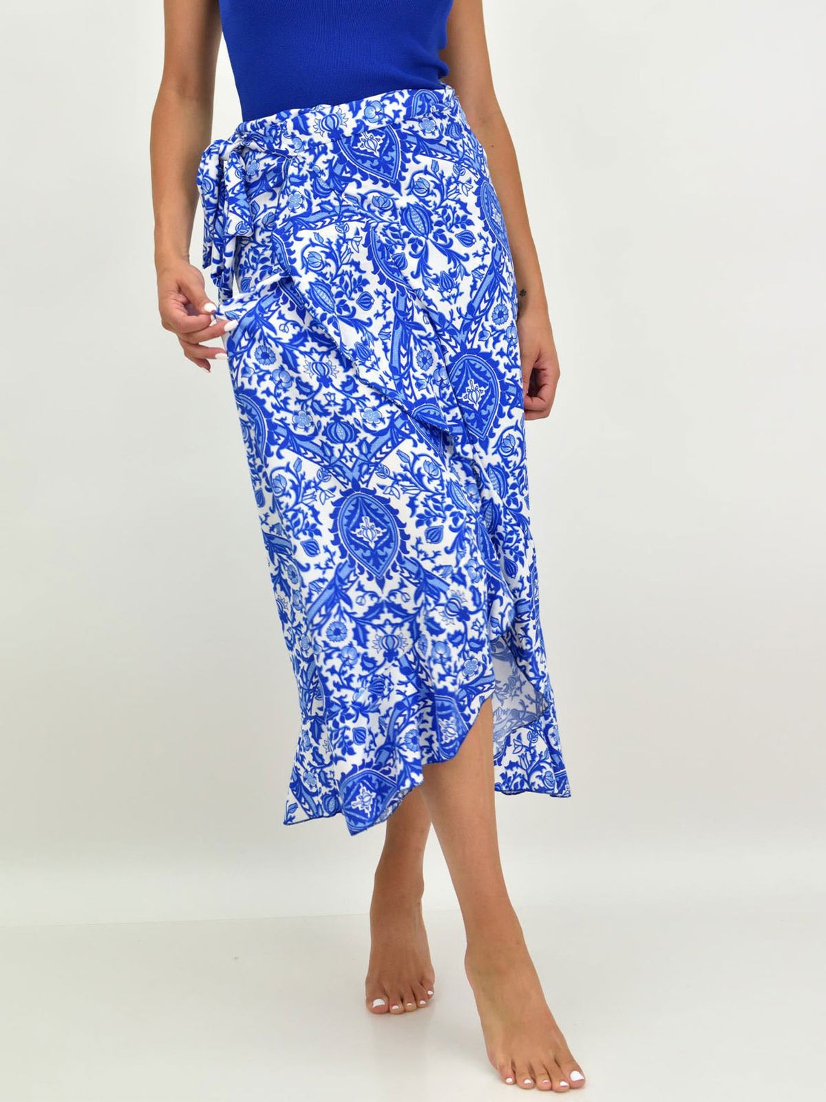 Paisley Print Ruffle Wrap Maxi Skirt - Blue - 2