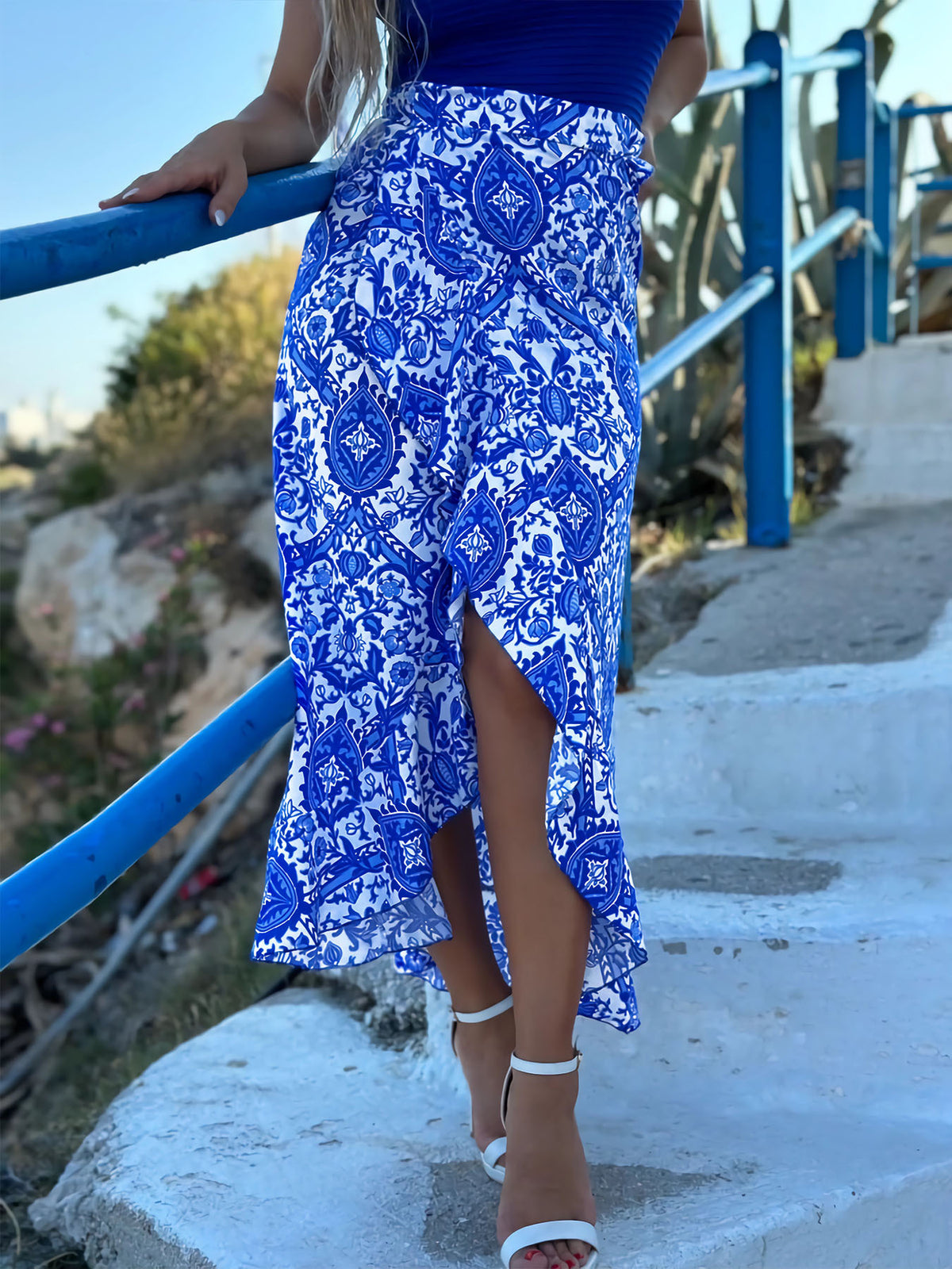 Paisley Print Ruffle Wrap Maxi Skirt - Blue - 3