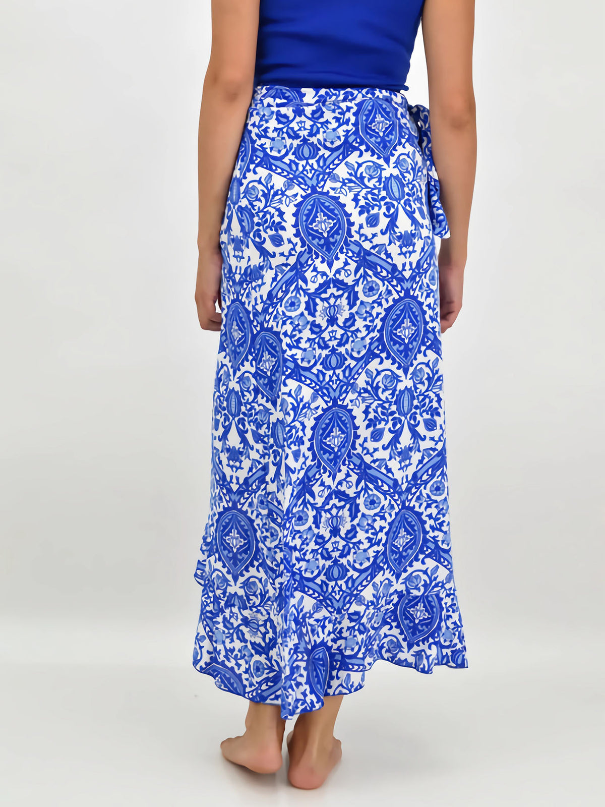 Paisley Print Ruffle Wrap Maxi Skirt - Blue - 4