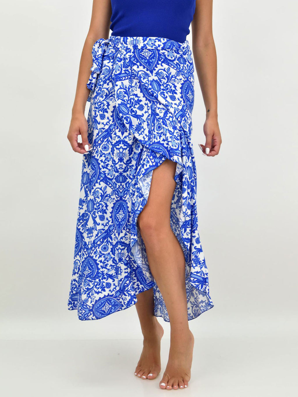 Paisley Print Ruffle Wrap Maxi Skirt