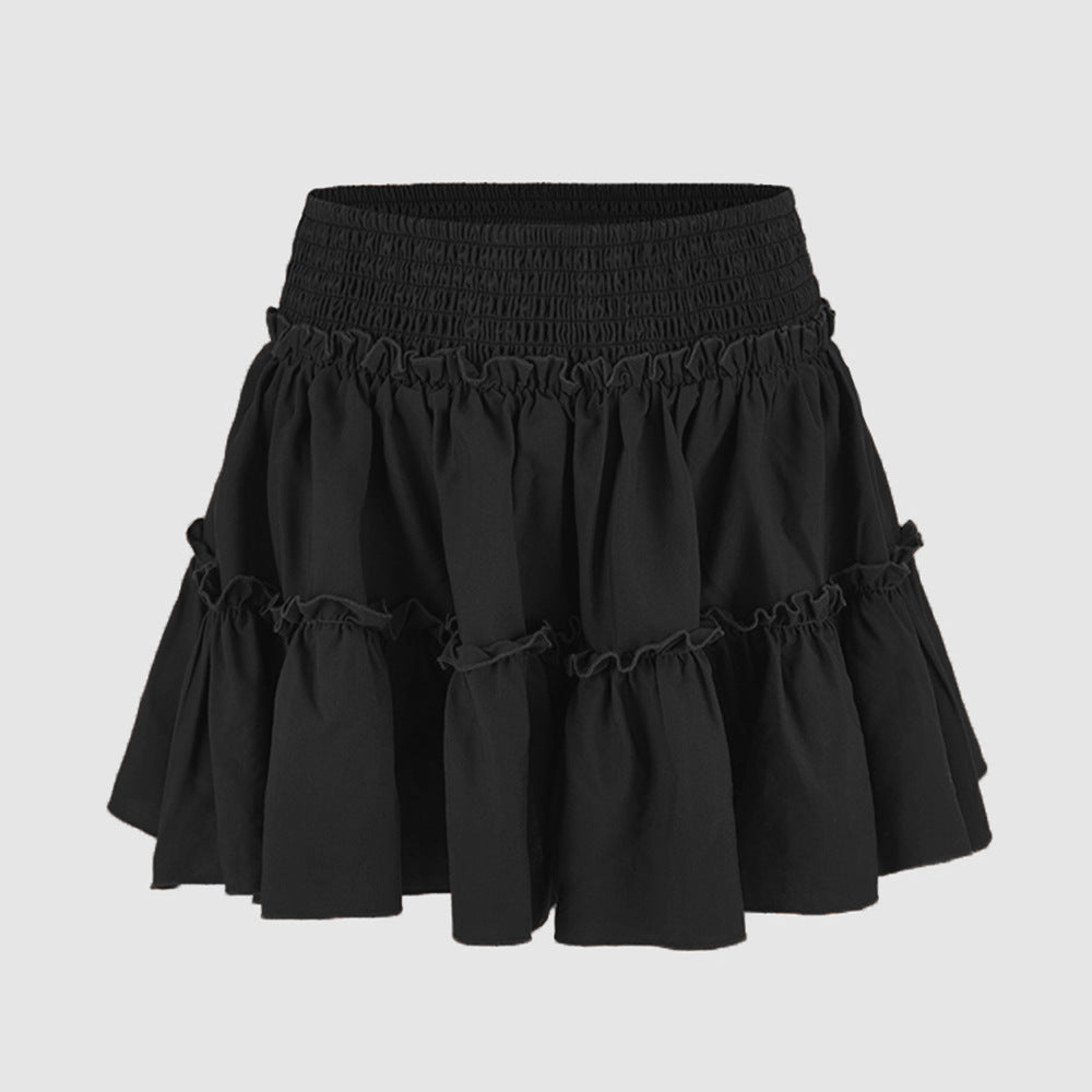 Smocked Waist Ruffle Tiered Mini Skirt - Black