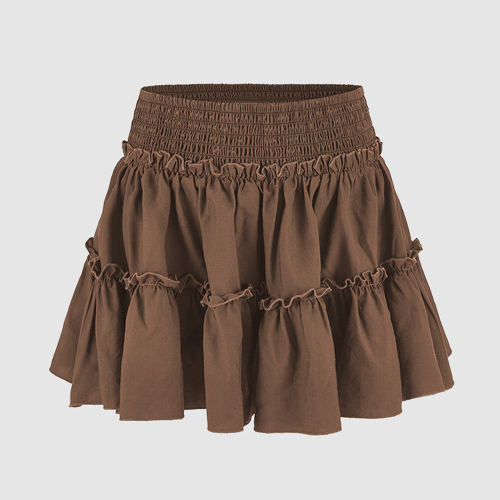 Smocked Waist Ruffle Tiered Mini Skirt - Brown
