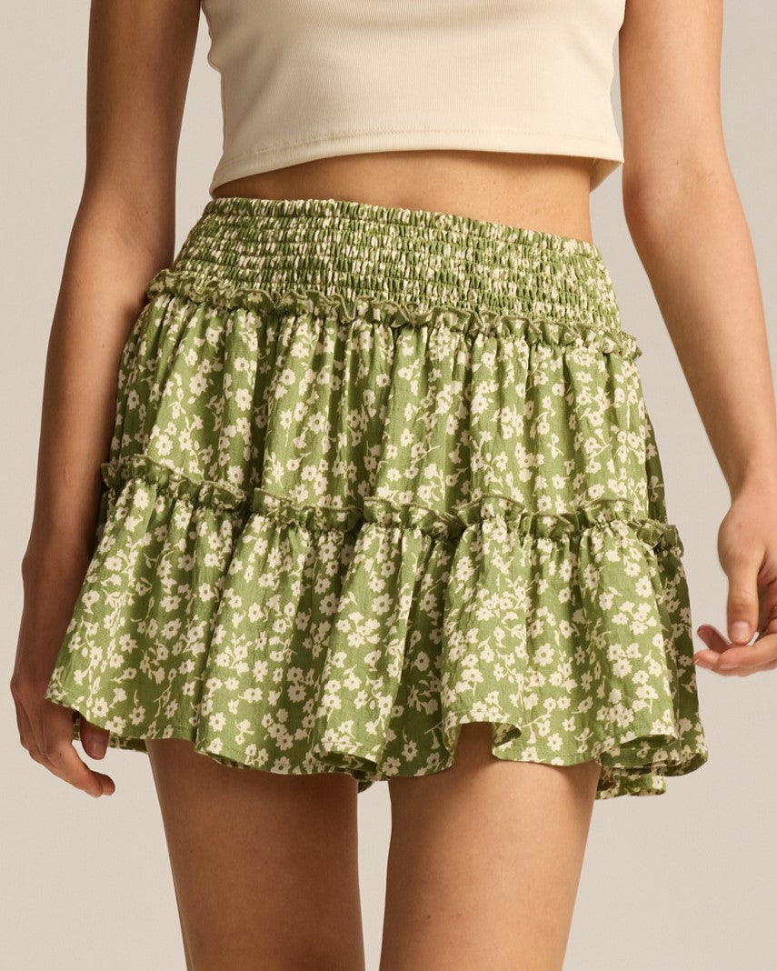 Smocked Waist Ruffle Tiered Mini Skirt - Flower - 1