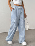 Striped Drawstring Wide Leg Cargo Pants - Blue