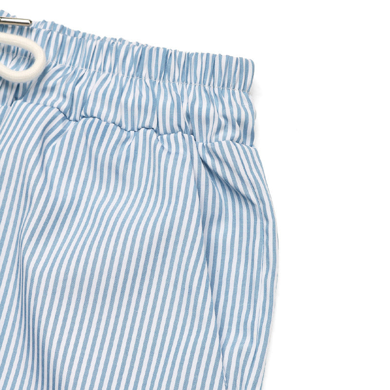 Striped Drawstring Wide Leg Cargo Pants - Blue - 5