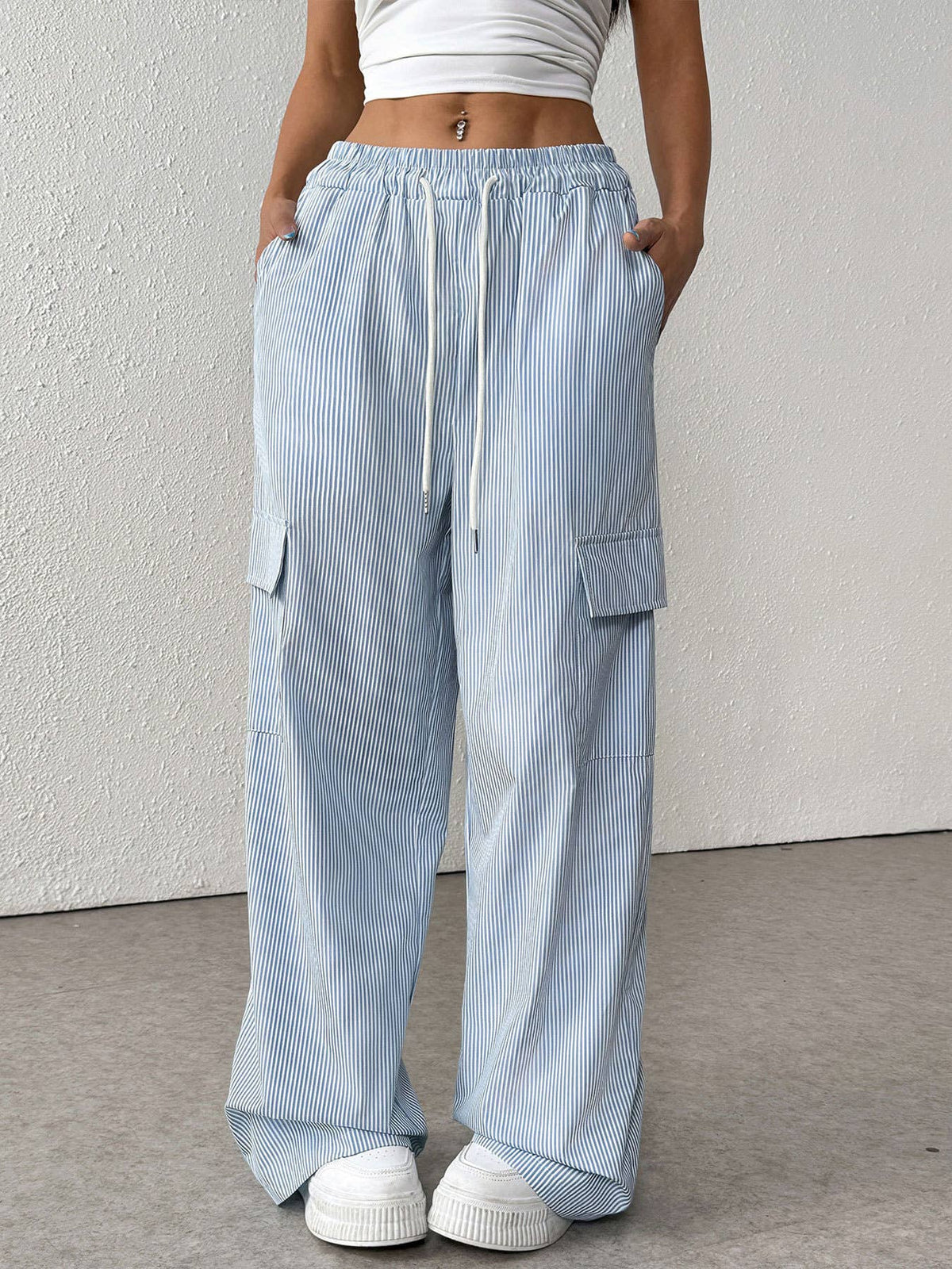 Striped Drawstring Wide Leg Cargo Pants