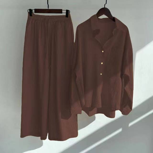 Button Down Shirt and Trouser Lounge Set - Coffee
