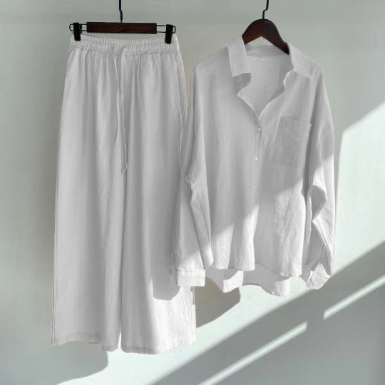 Button Down Shirt and Trouser Lounge Set - White