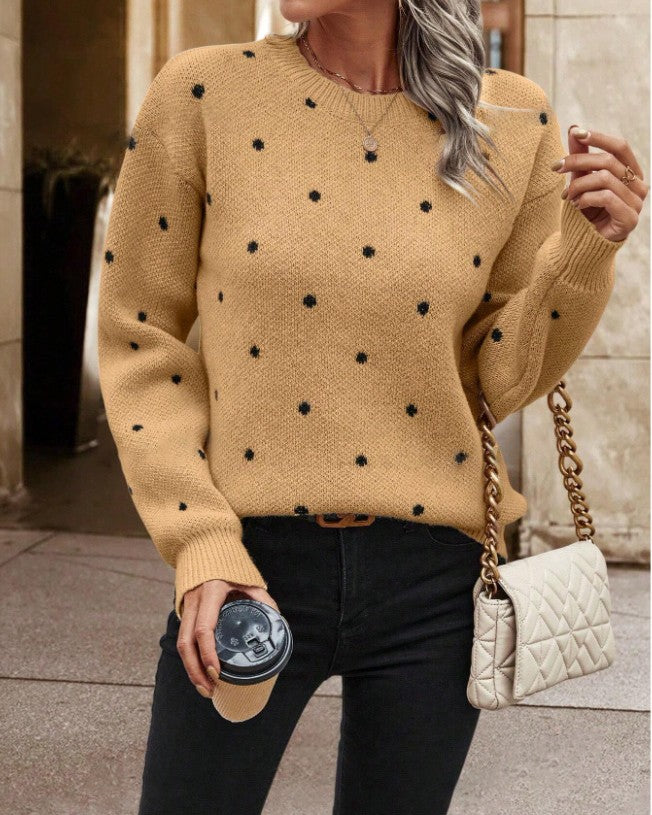 Allover Dot Jacquard Drop Shoulder Knit Sweater - Camel