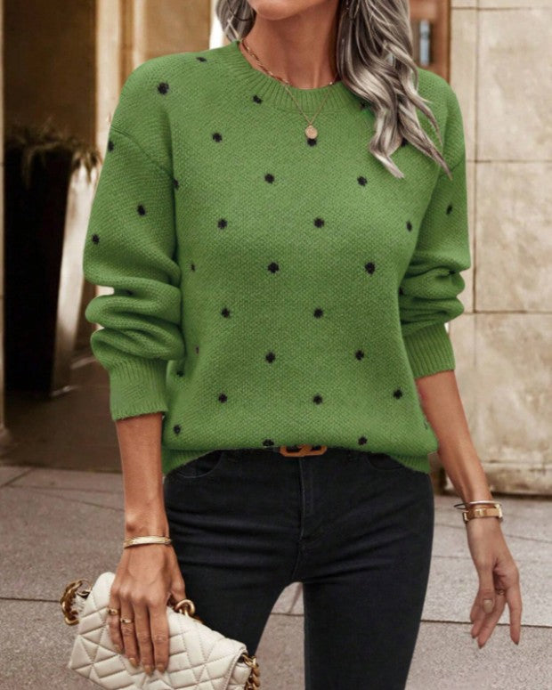 Allover Dot Jacquard Drop Shoulder Knit Sweater - DarkGreen