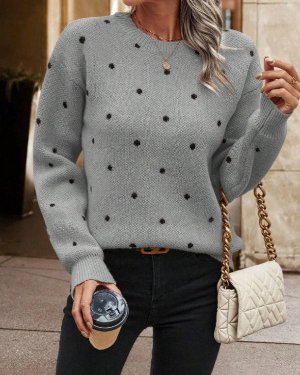Allover Dot Jacquard Drop Shoulder Knit Sweater - Grey