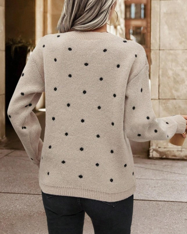 Allover Dot Jacquard Drop Shoulder Knit Sweater - Khaki - 2