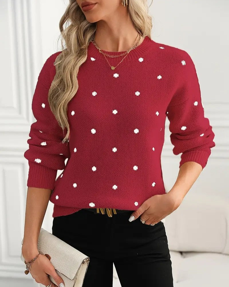 Allover Dot Jacquard Drop Shoulder Knit Sweater - Red