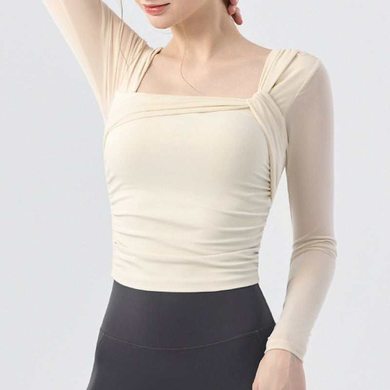 Ruched Mesh Long Sleeve Square Neck Yoga Top