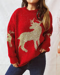Metallic Thread Deer Jacquard Holiday Sweater - Red