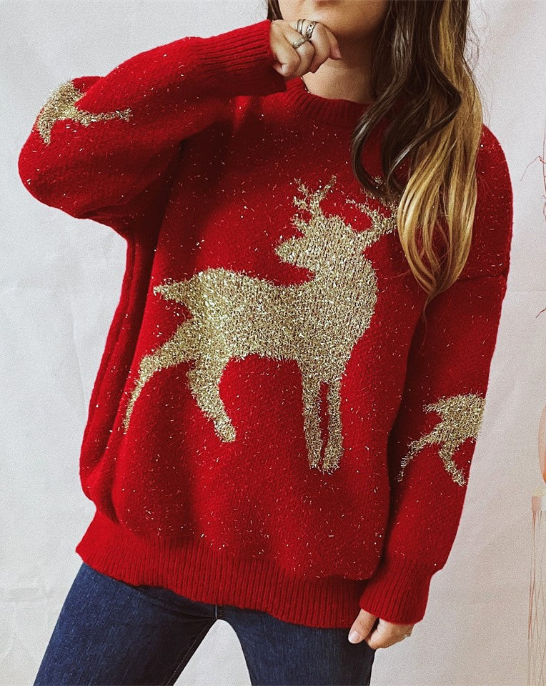 Metallic Thread Deer Jacquard Holiday Sweater - Red - 1