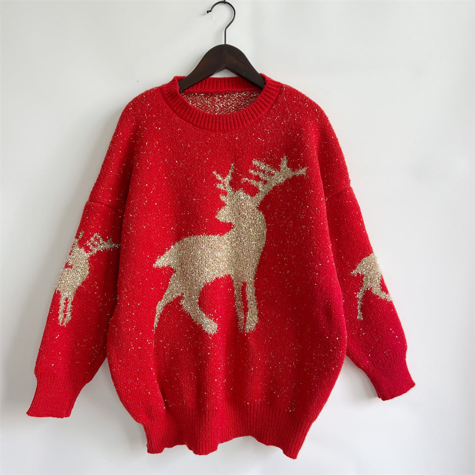 Metallic Thread Deer Jacquard Holiday Sweater - Red - 2
