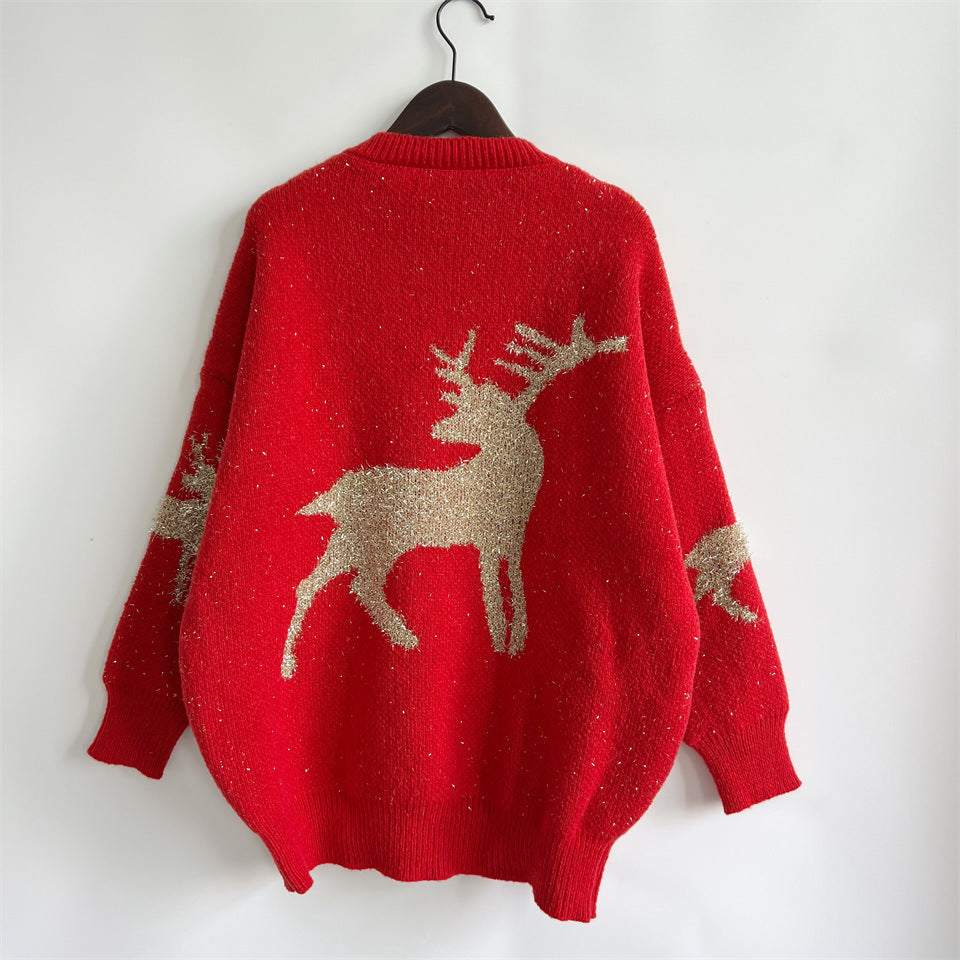Metallic Thread Deer Jacquard Holiday Sweater - Red - 3