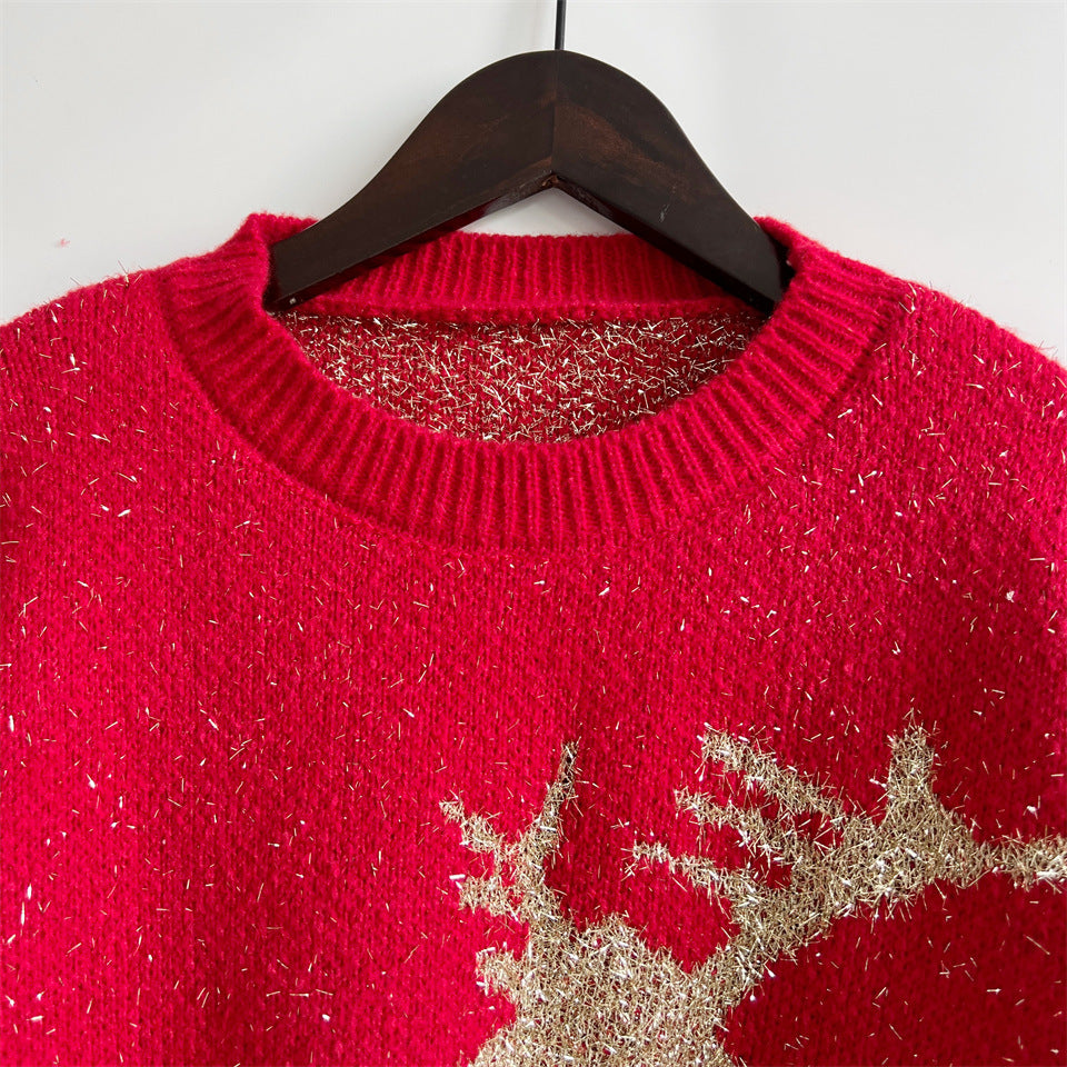 Metallic Thread Deer Jacquard Holiday Sweater - Red - 4