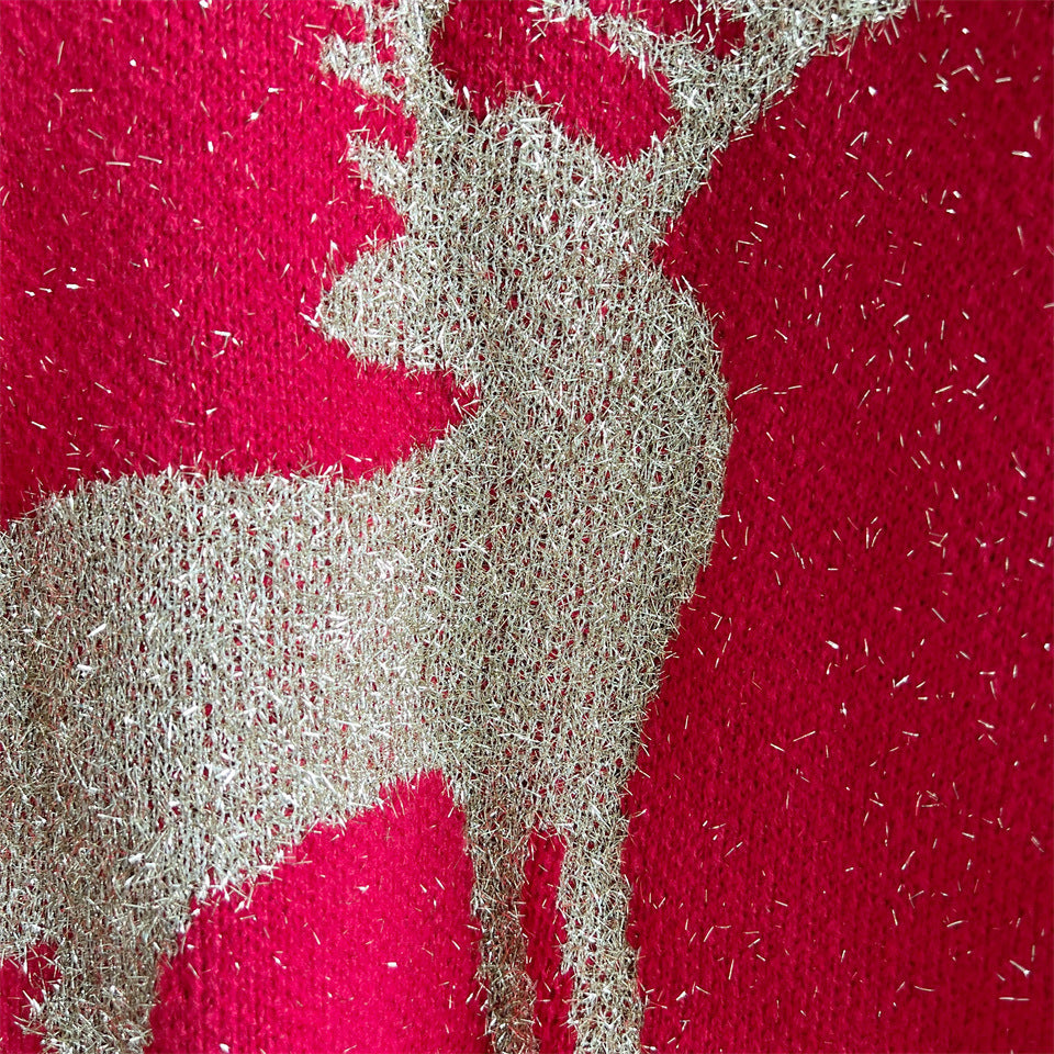 Metallic Thread Deer Jacquard Holiday Sweater - Red - 5