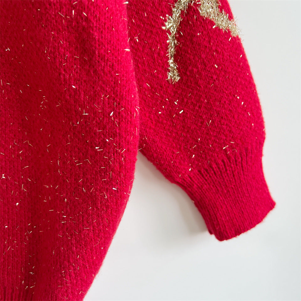 Metallic Thread Deer Jacquard Holiday Sweater - Red - 6