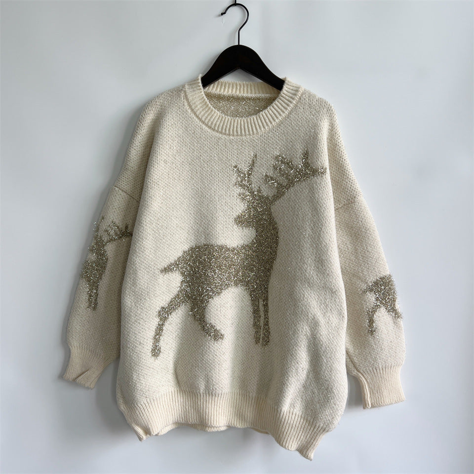 Metallic Thread Deer Jacquard Holiday Sweater - White - 1