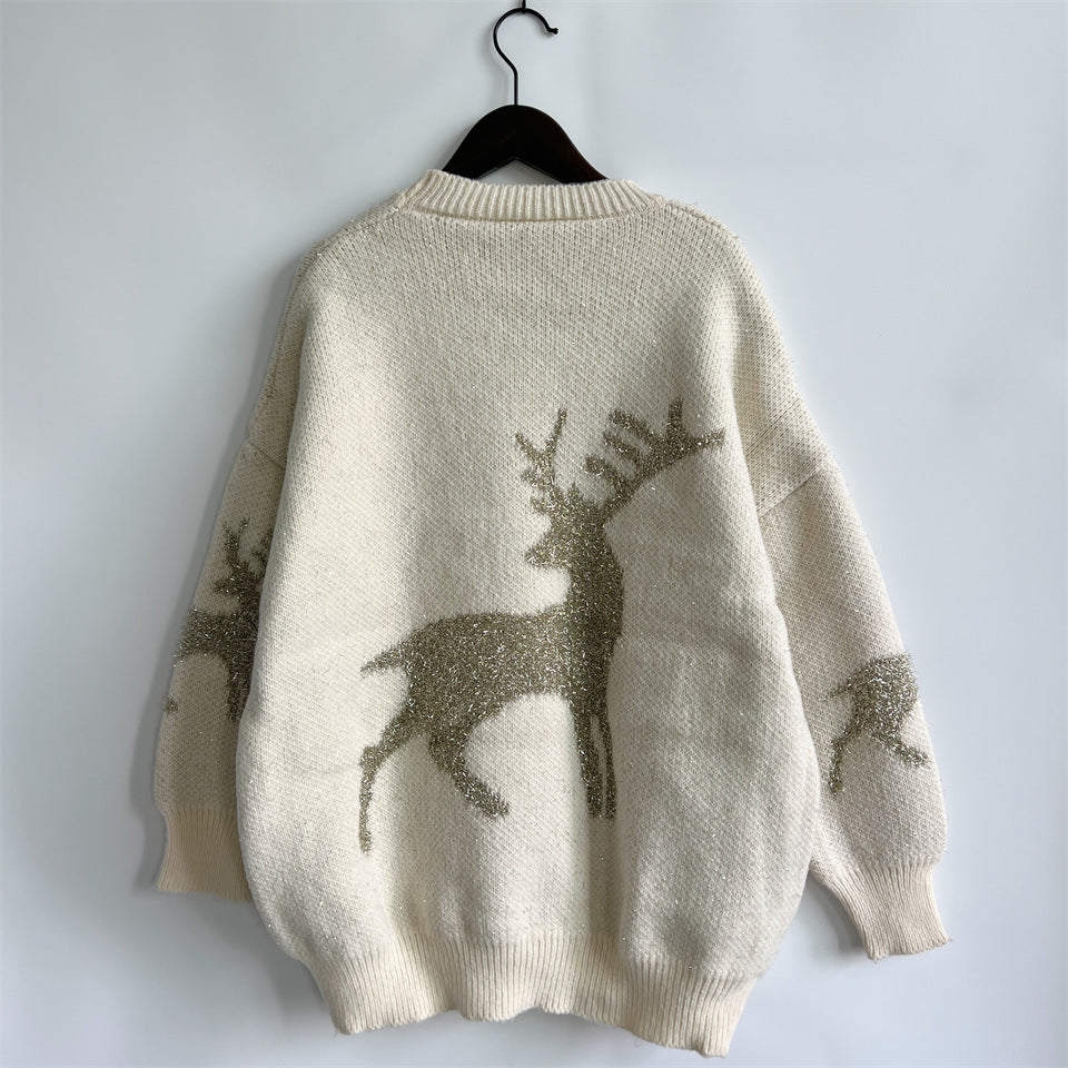 Metallic Thread Deer Jacquard Holiday Sweater - White - 2