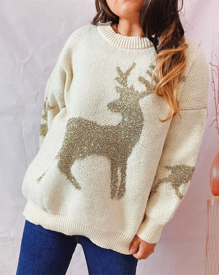 Metallic Thread Deer Jacquard Holiday Sweater - White - 3