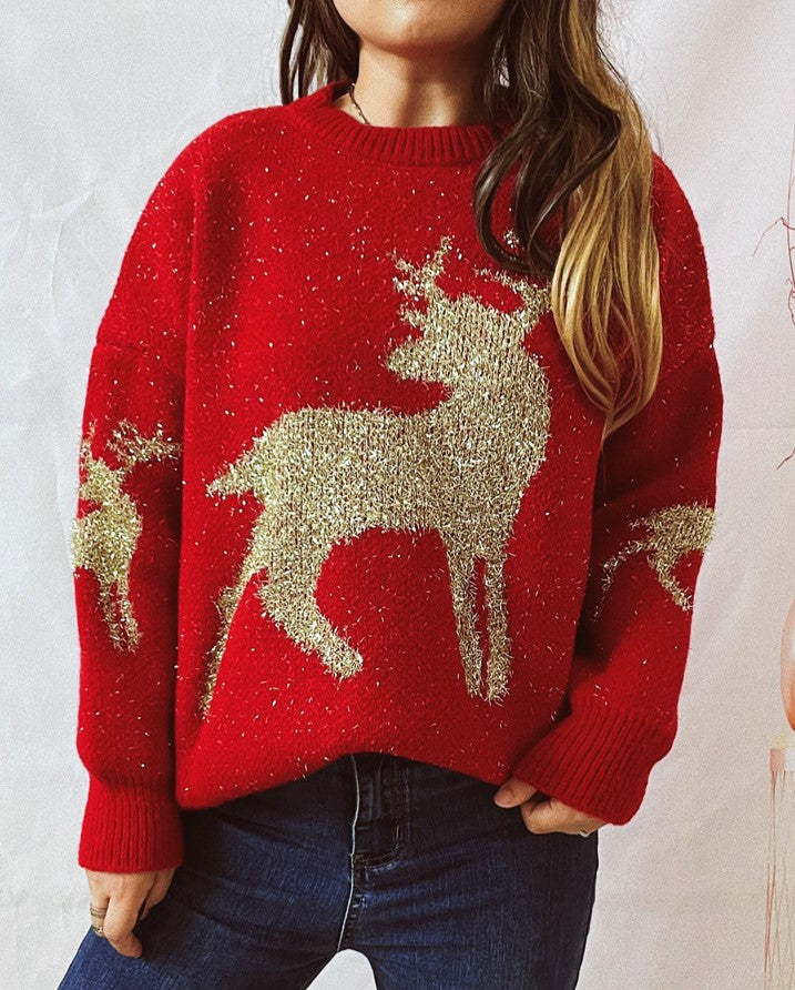 Metallic Thread Deer Jacquard Holiday Sweater