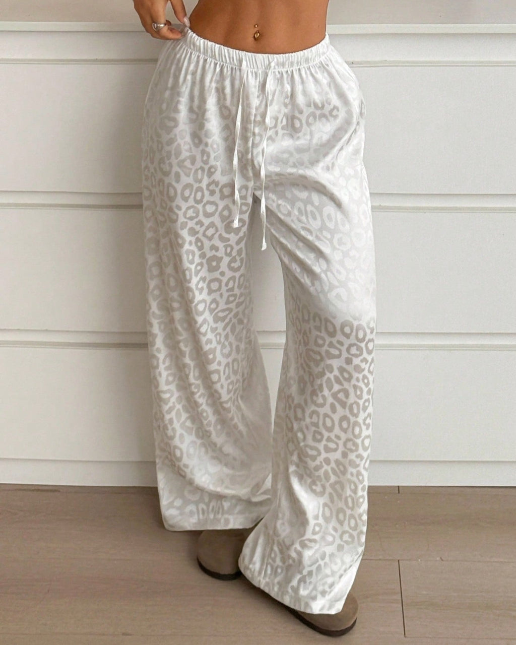 Leopard Jacquard High Waist Wide Leg Pants - White - 1