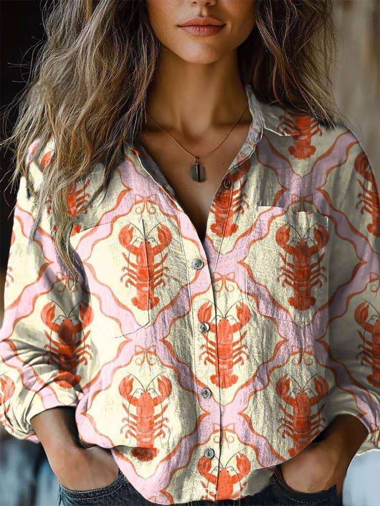 Lobster Print Long Sleeve Button Down Shirt - Lobster - 1