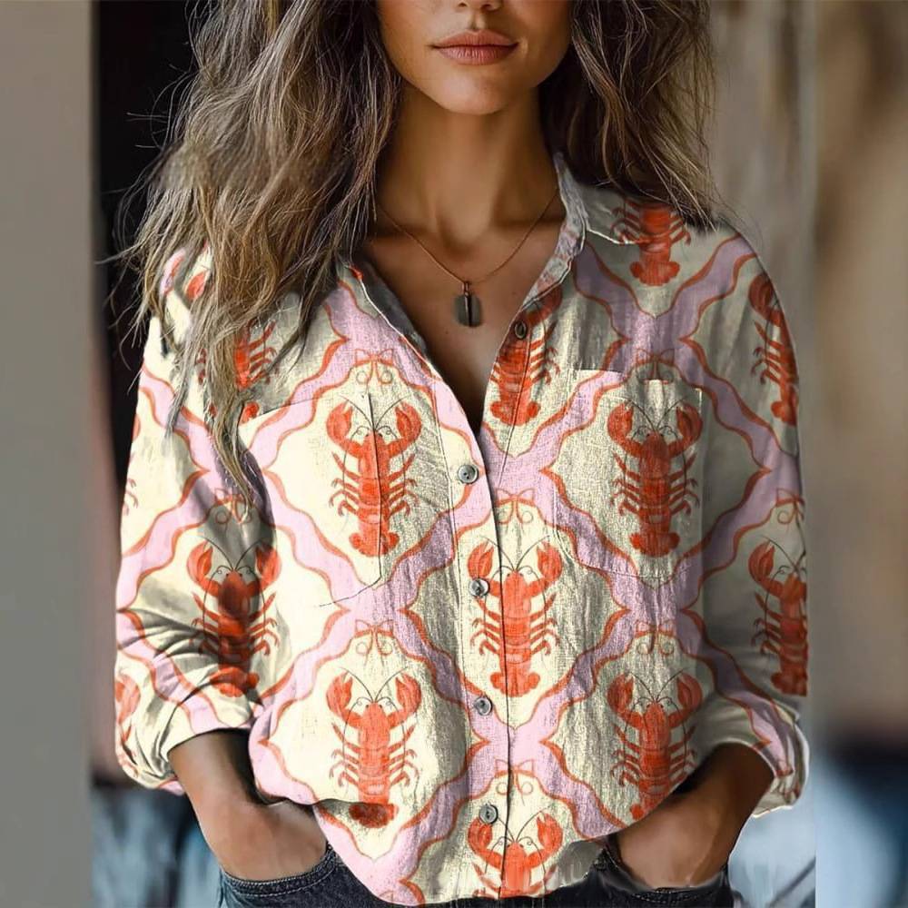 Lobster Print Long Sleeve Button Down Shirt - Lobster - 2