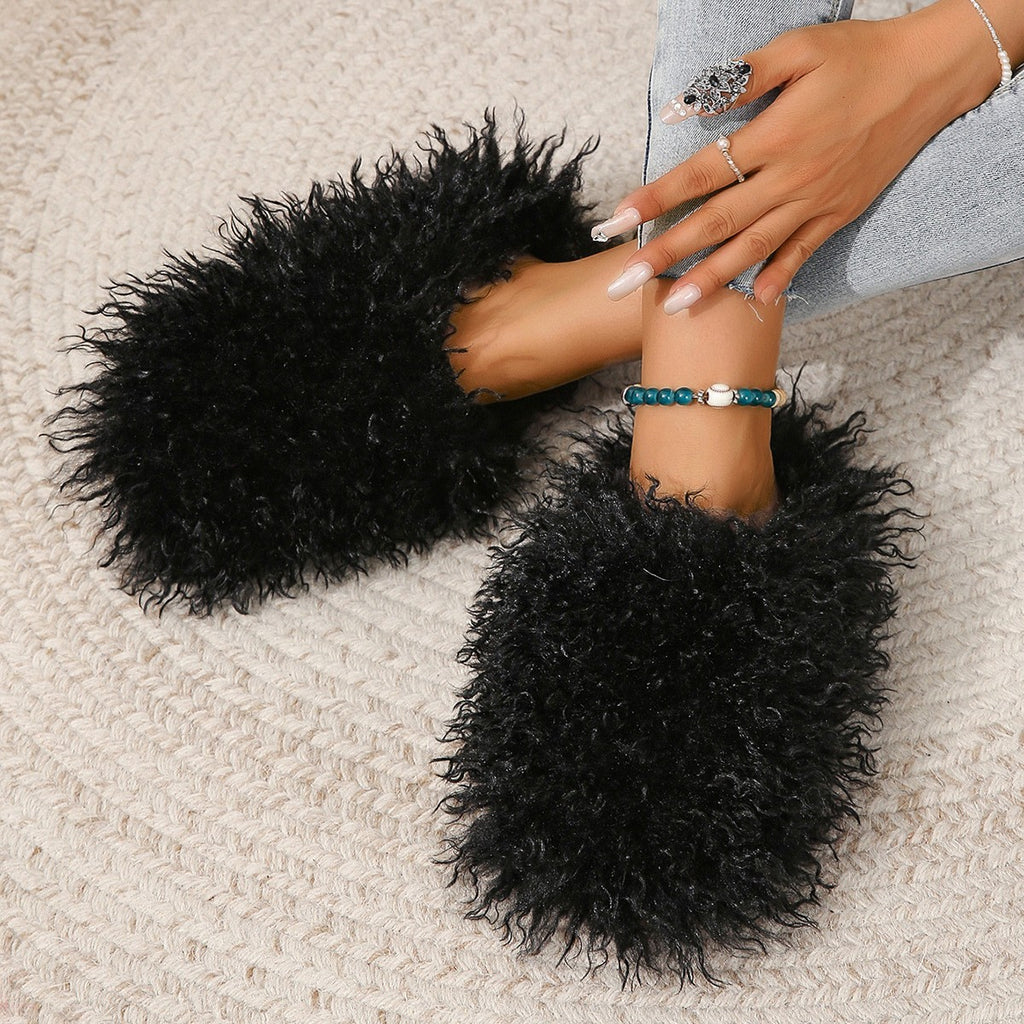 Curly Faux Fur Closed Toe Slippers - Black