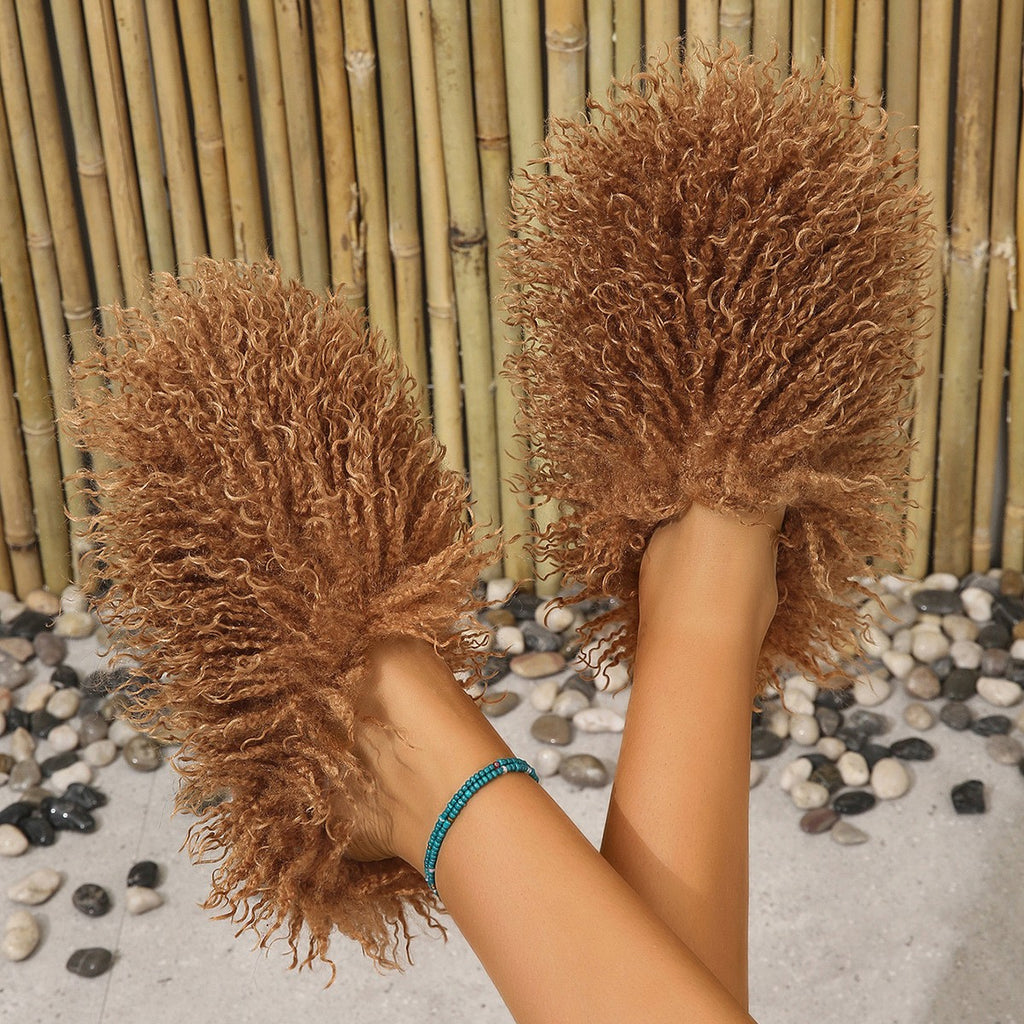 Curly Faux Fur Closed Toe Slippers - Brown