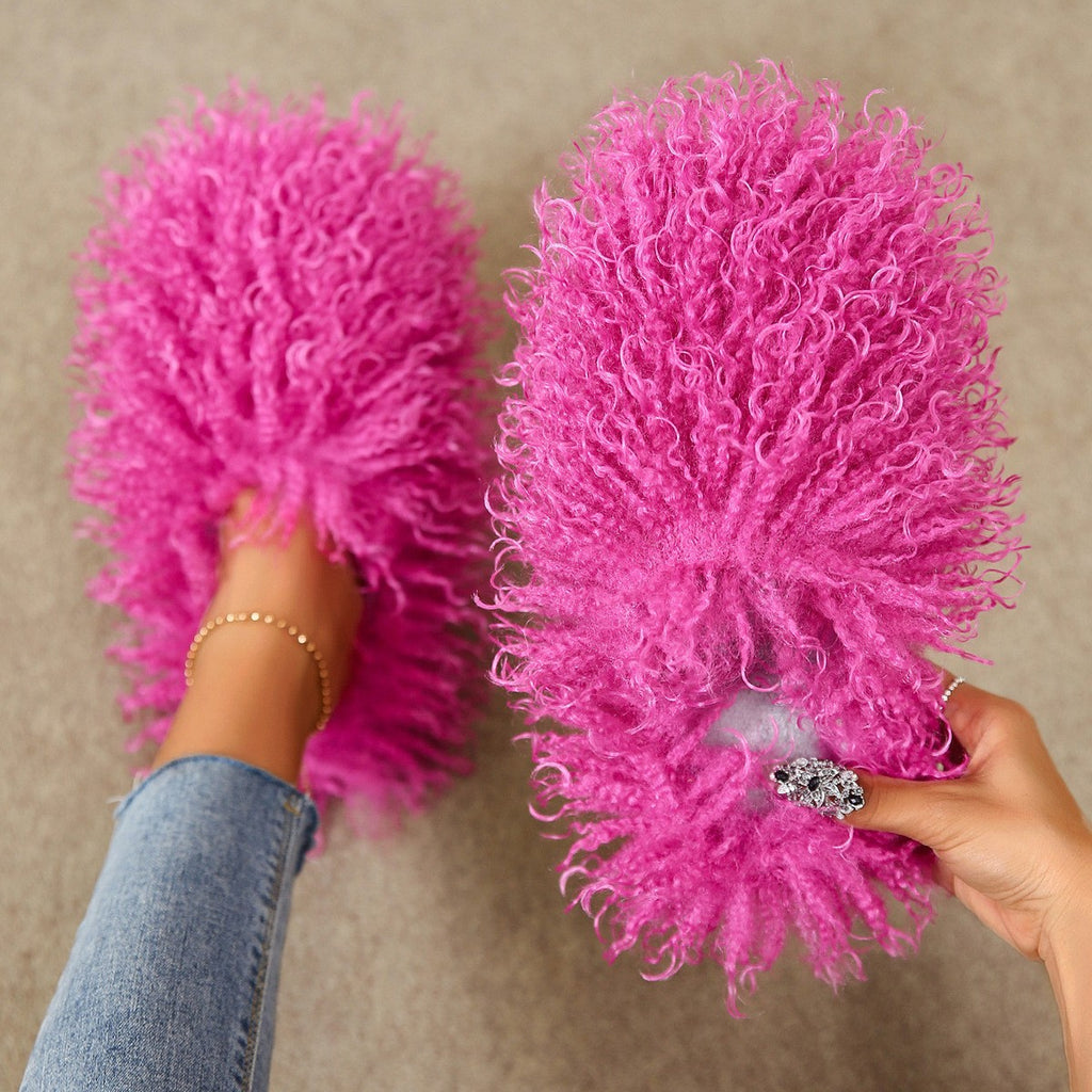 Curly Faux Fur Closed Toe Slippers - Hot Pink