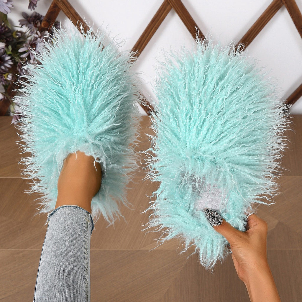 Curly Faux Fur Closed Toe Slippers - Mint