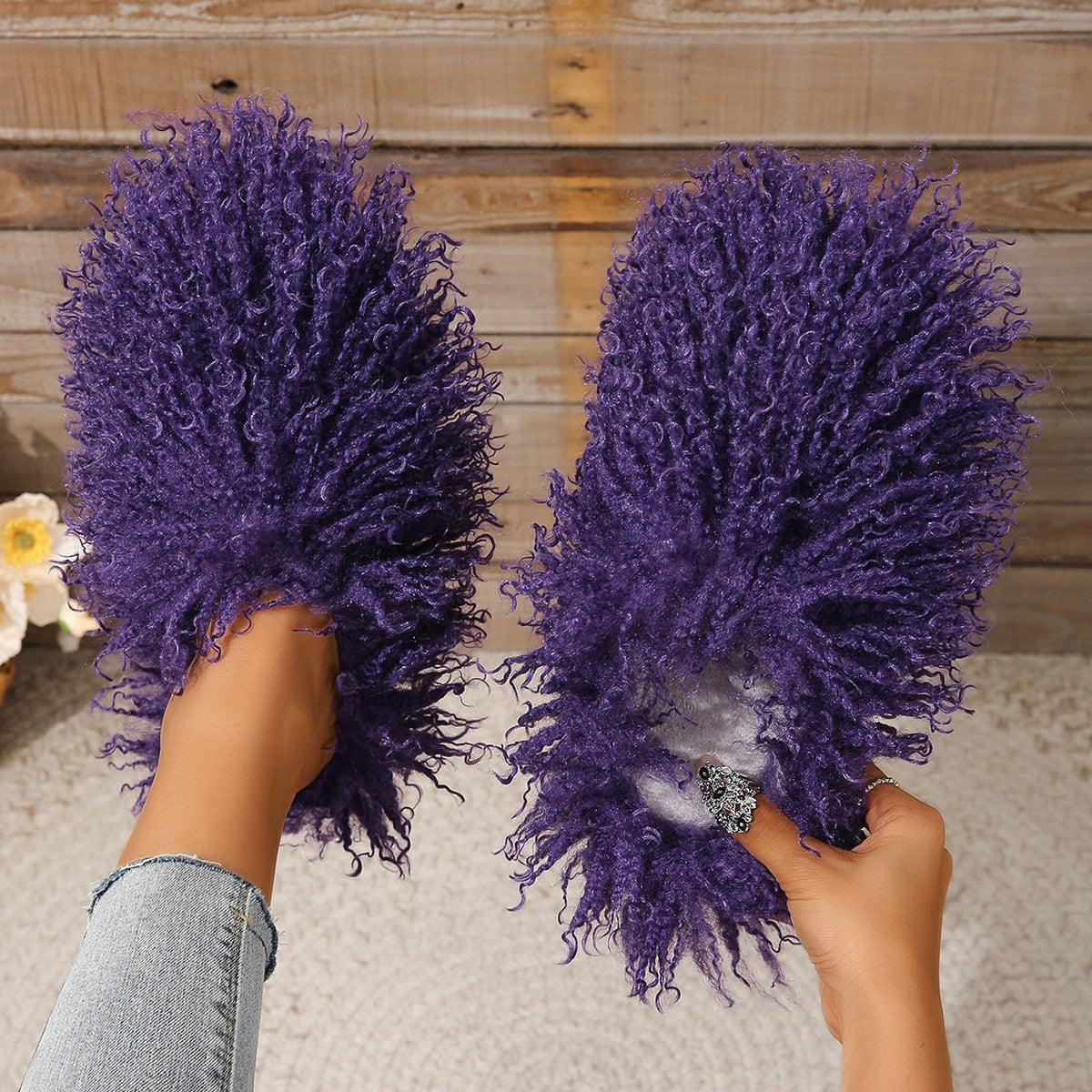 Curly Faux Fur Closed Toe Slippers - Purple