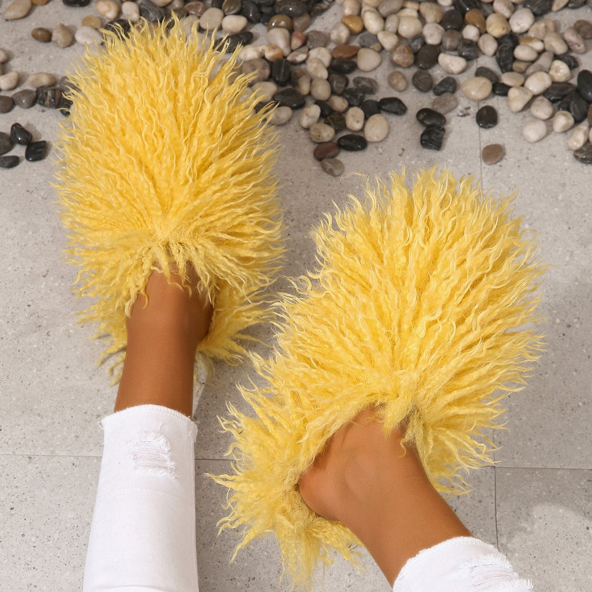 Curly Faux Fur Closed Toe Slippers - Yellow