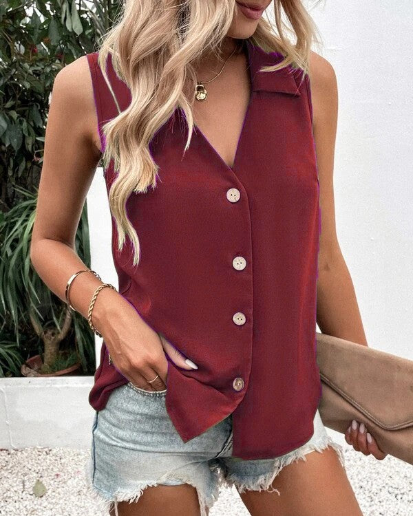 Sleeveless Collared Button Front Vest - Wine-Red