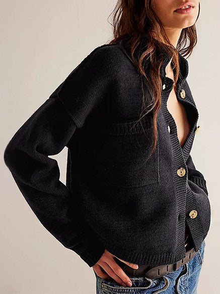 Utility Pocket Stand Collar Knit Cardigan - Black - 1