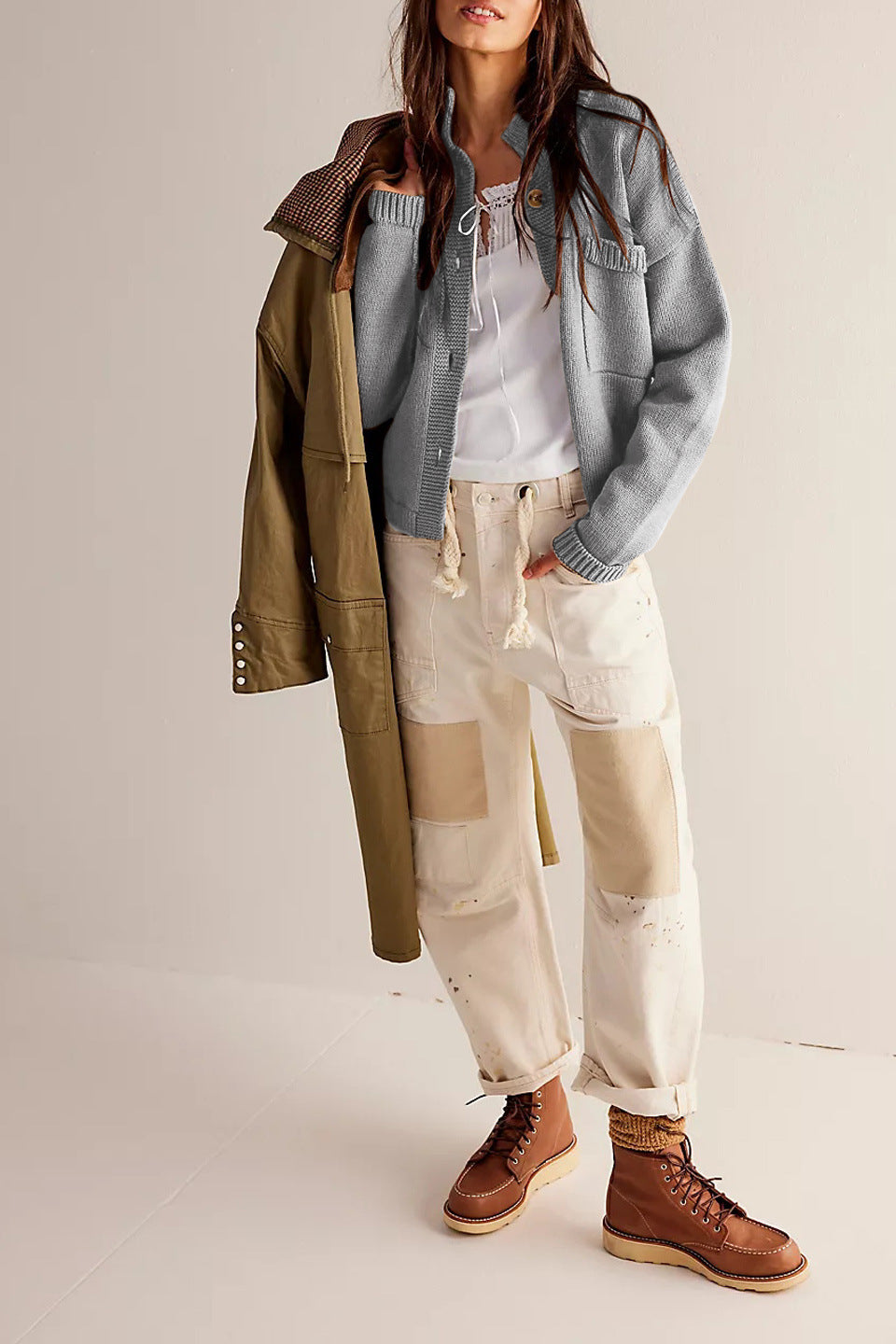 Utility Pocket Stand Collar Knit Cardigan - Grey