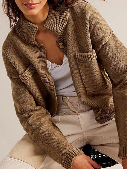 Utility Pocket Stand Collar Knit Cardigan - Khaki
