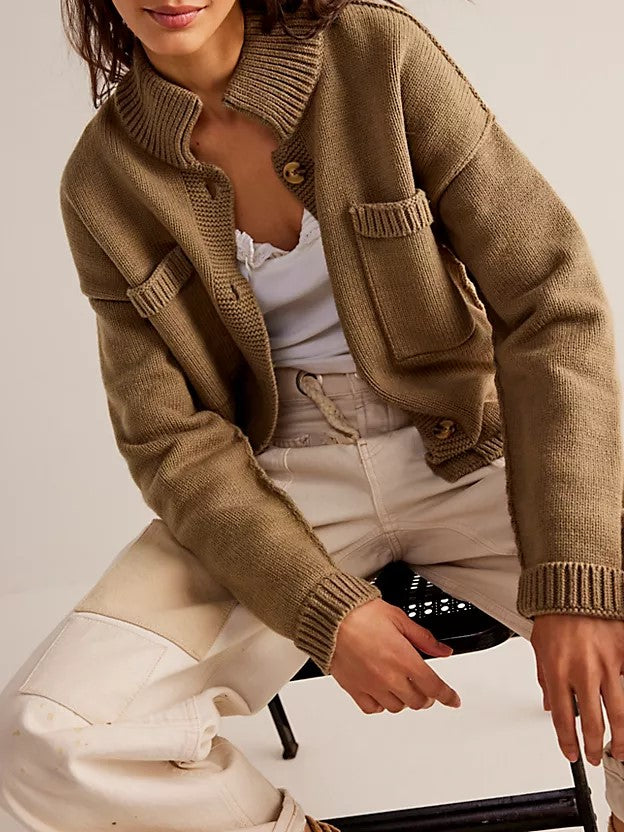 Utility Pocket Stand Collar Knit Cardigan - Khaki - 1