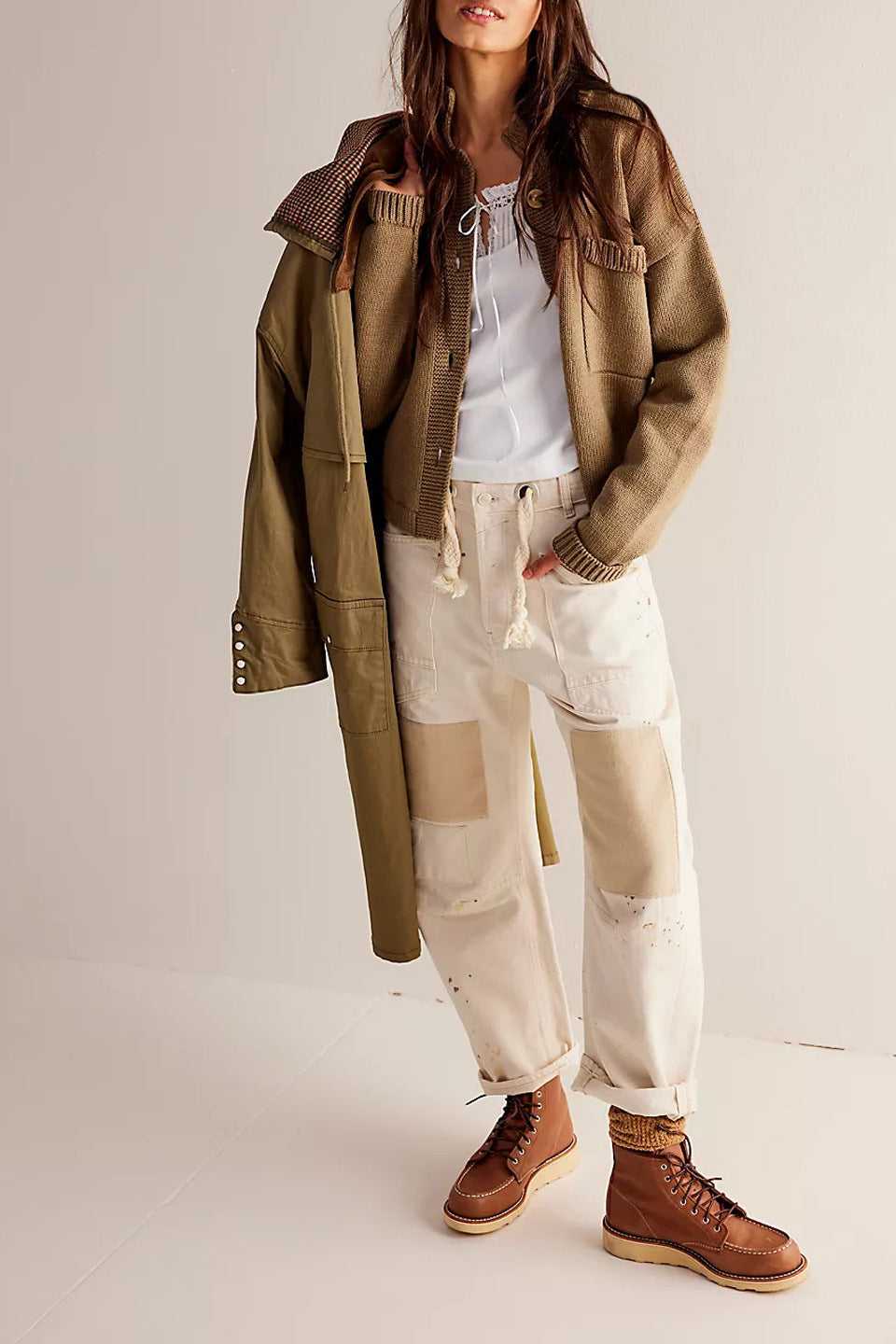 Utility Pocket Stand Collar Knit Cardigan - Khaki - 2