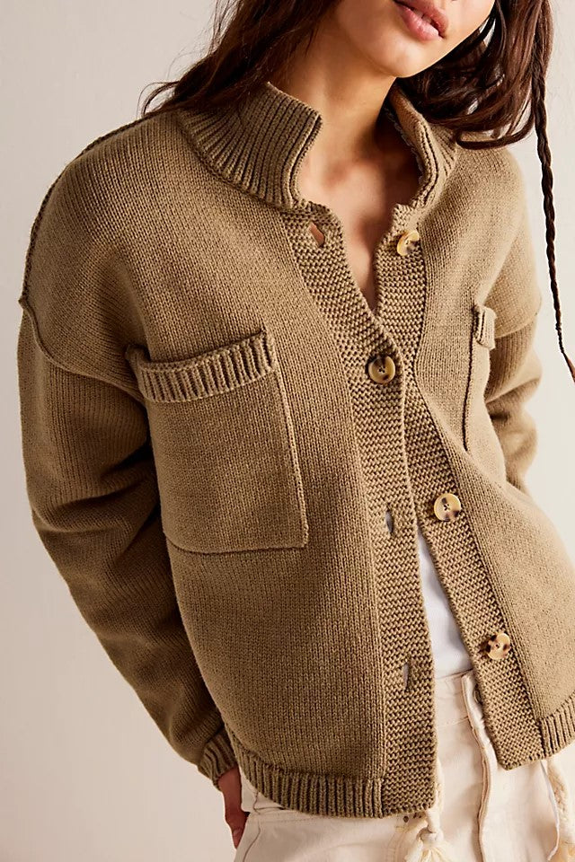 Utility Pocket Stand Collar Knit Cardigan - Khaki - 3