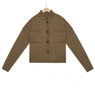 Utility Pocket Stand Collar Knit Cardigan - Khaki - 5
