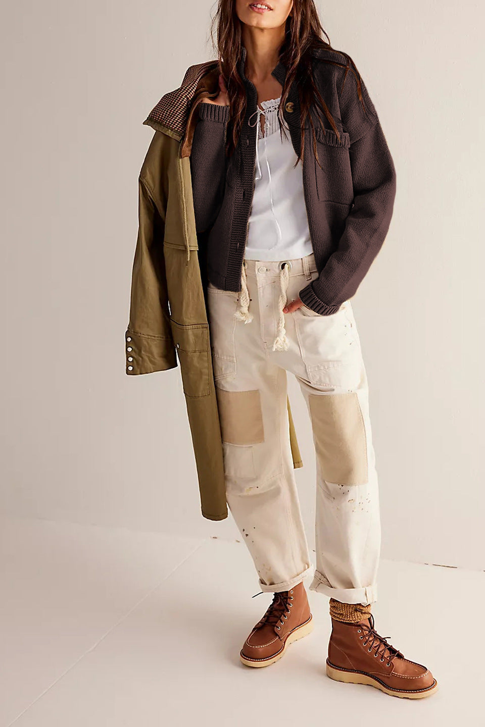 Utility Pocket Stand Collar Knit Cardigan - coffee