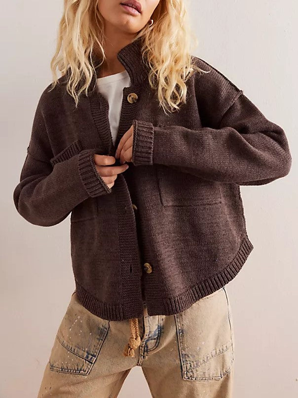 Utility Pocket Stand Collar Knit Cardigan - coffee - 1