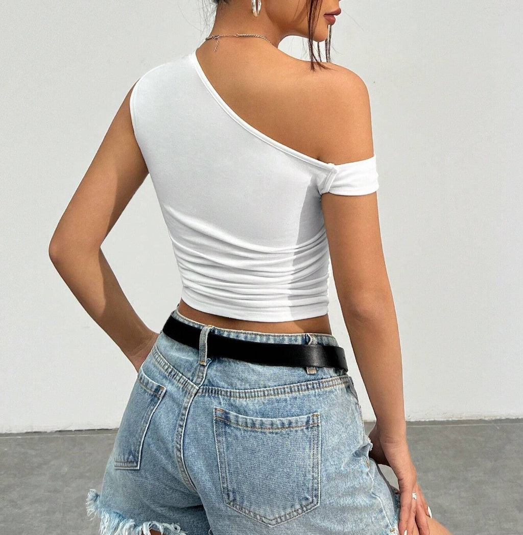 Asymmetric One Shoulder Ruched Crop Top - White - 1